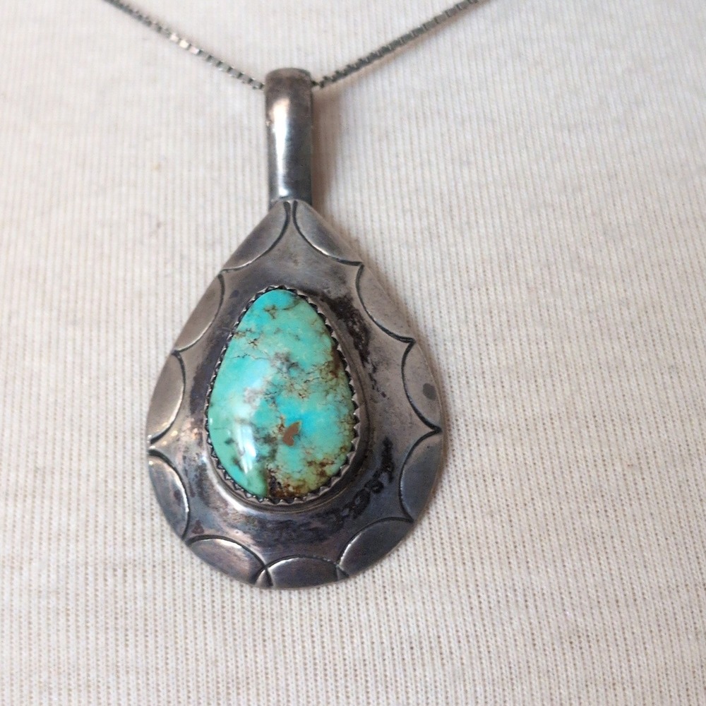 Vtg Rinnie Leyba RRL Navajo Turquoise Sterling Silver Pendant Necklace Signed